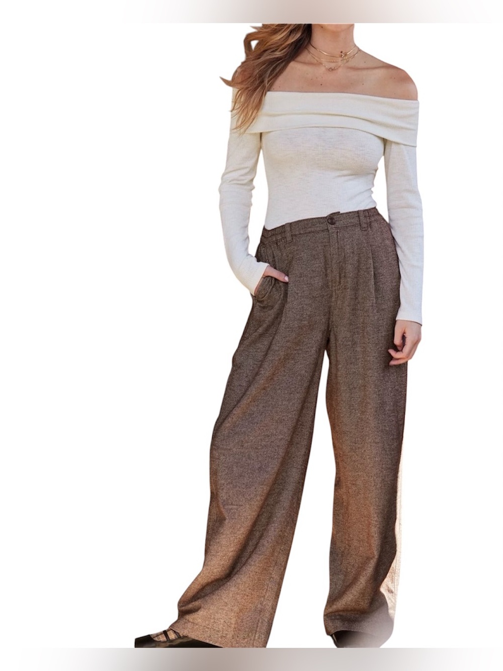 aerie Anytime Wide-Leg High-Waist Brown Trousers M
